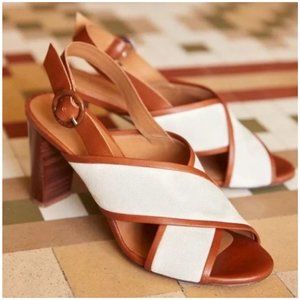 Sezane High Maud Sandals Linen Camel Block Heel Size 38 French or US 7 Cross